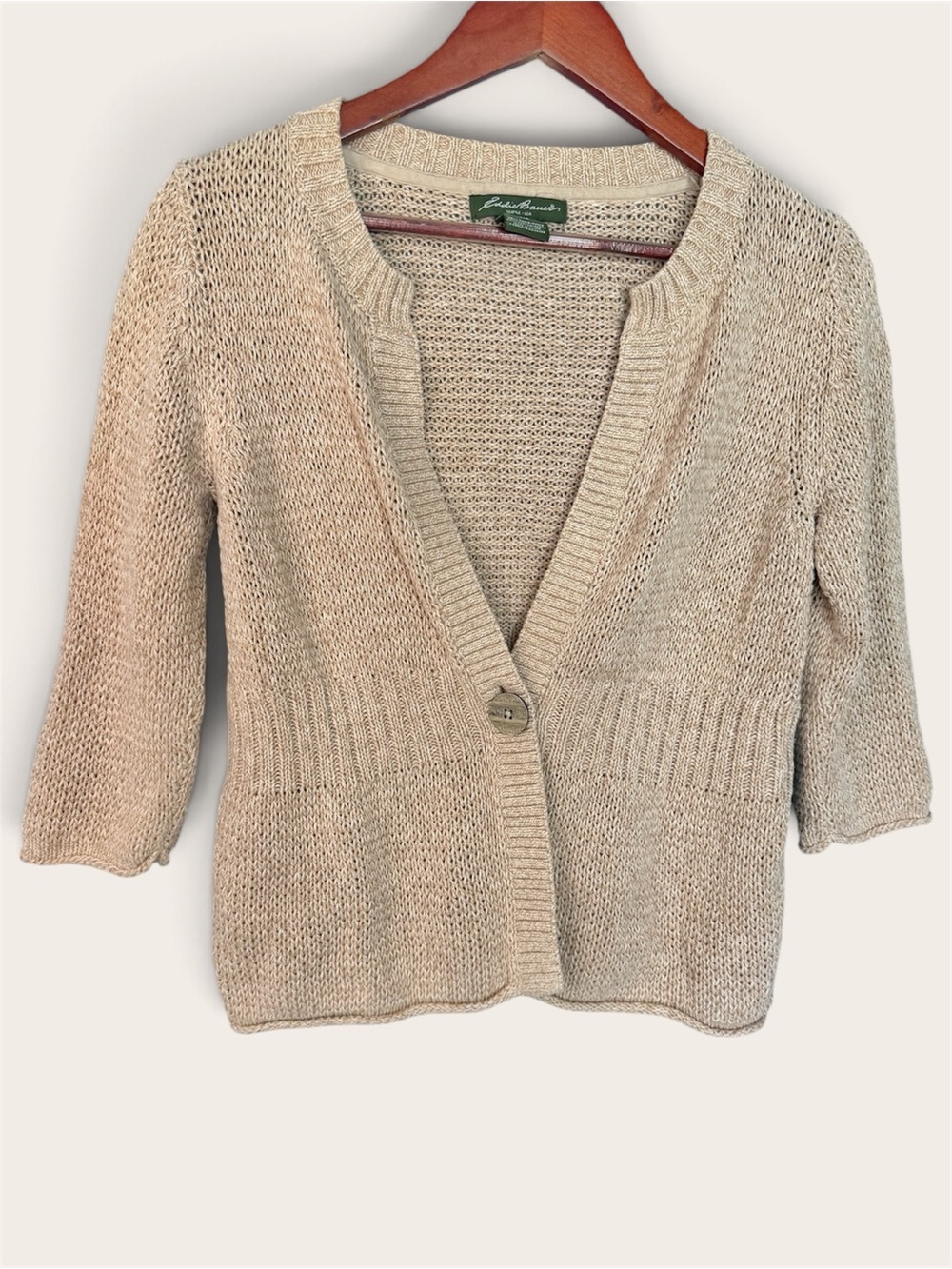 Eddie Bauer Neutral Oatmeal Cream Open-Knit V-Neck Cardigan | Size Large